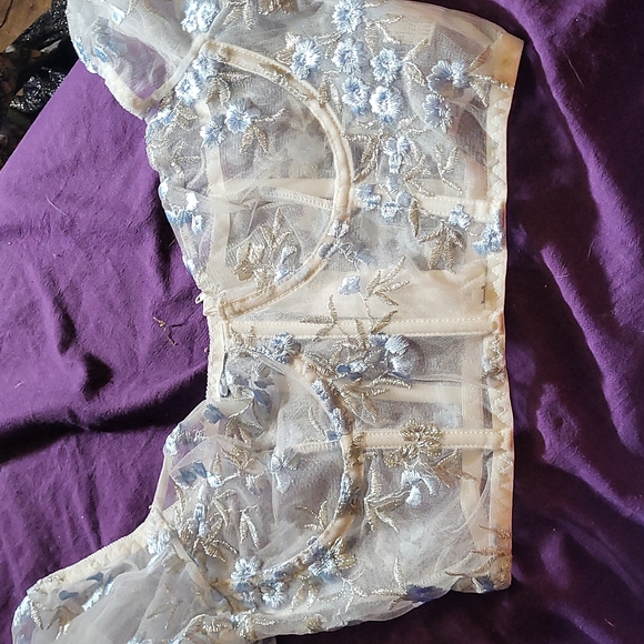 Sexy Blue & White Floral Mesh Corset Blouse Top M - Picture 2 of 2